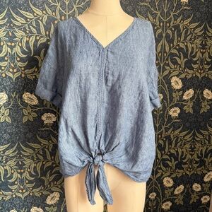 Charter Club Luxury Linen Front Tie Blue Lagenlook Top